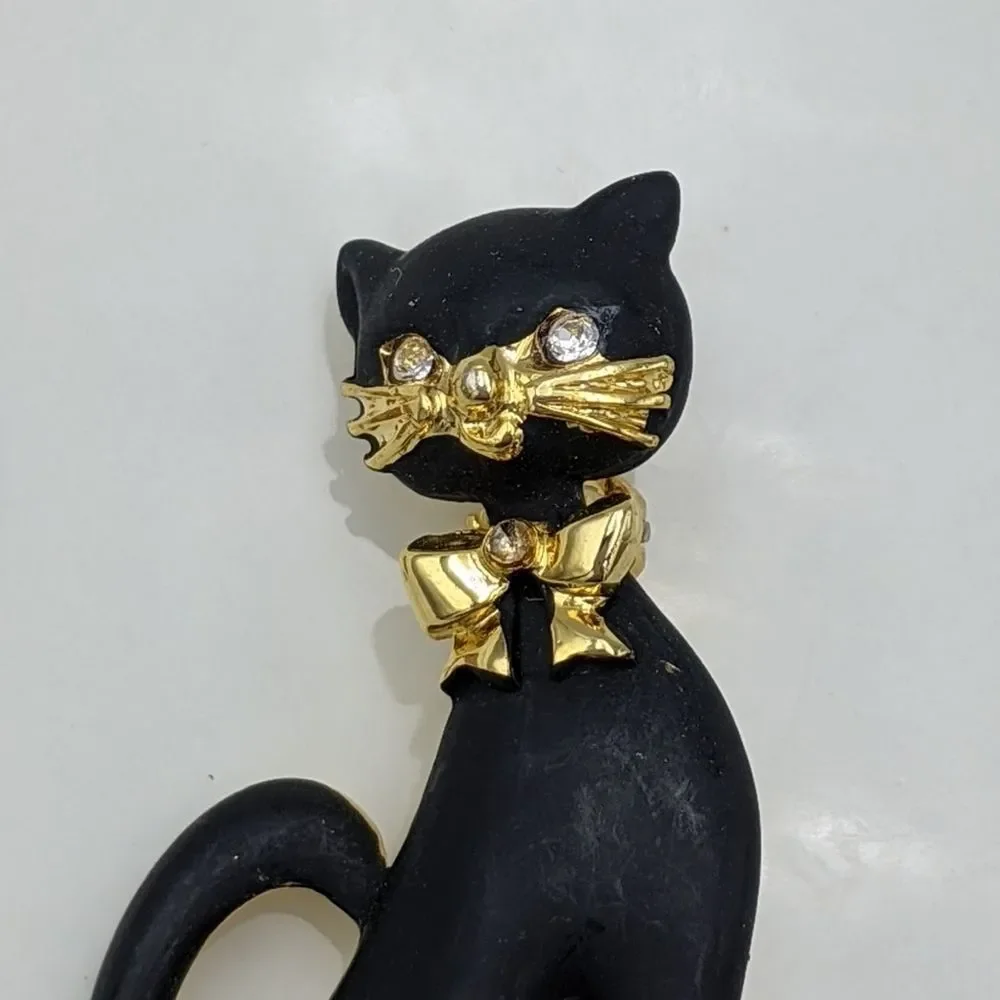 Vintage Black Cat Gold Bow Rhinestone Brooch Pin